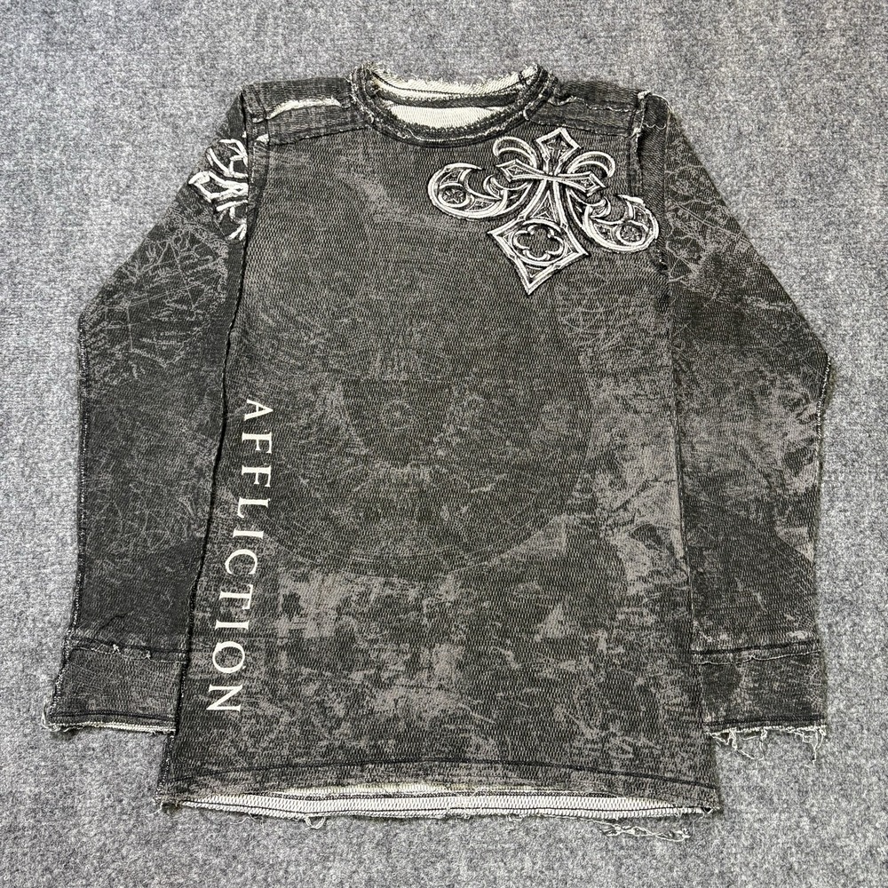 Y2K Affliction Reversible Thermal Long Sleeve Shirt Mens Medium Black Gray Wings